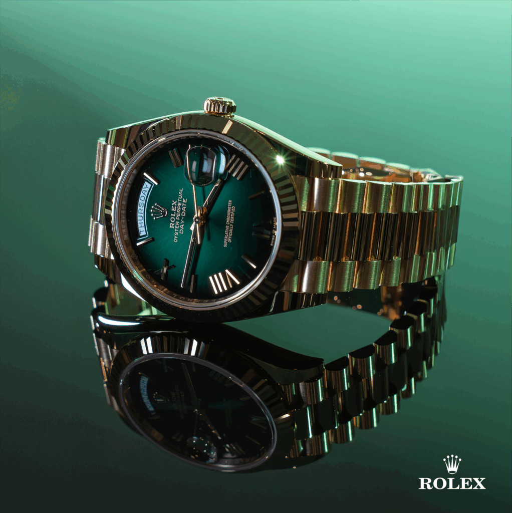 NTX Chrono Features Timepiece Rolex Day-Date 40 18k Yellow Gold with Green Dial Watch